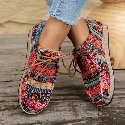 Women's Vintage Casual Shoes with Colorful Ethnic Pattern and Laces – Fashionable Penny Loafers for Everyday & Travel