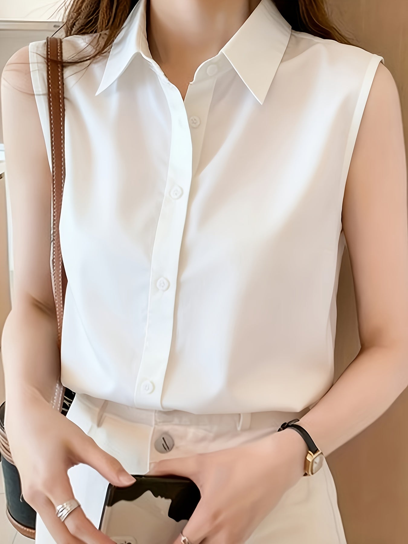 Women's Elegant Sleeveless Blouse with Shirt Collar – Perfect for Office and Everyday Wear