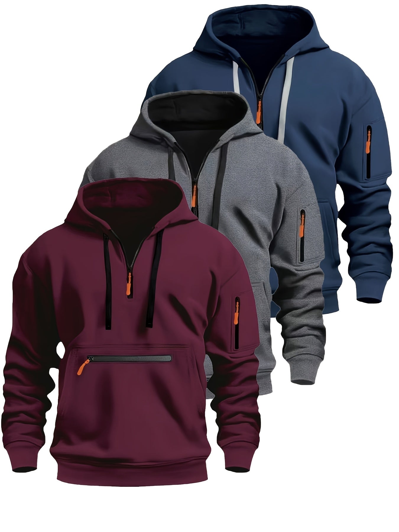 Men's hoodie with zipper and kangaroo pocket, drawstring, long sleeves