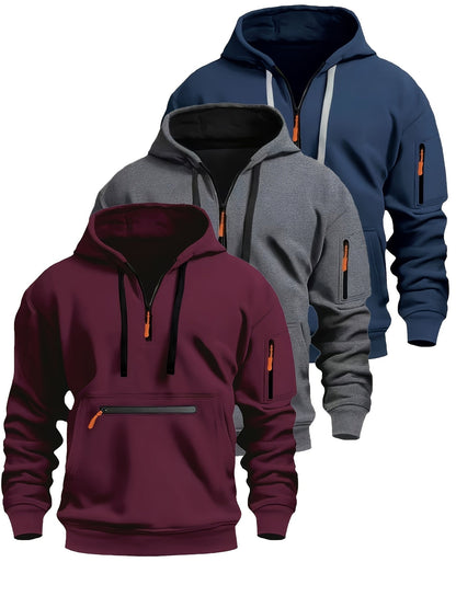 Men's hoodie with zipper and kangaroo pocket, drawstring, long sleeves