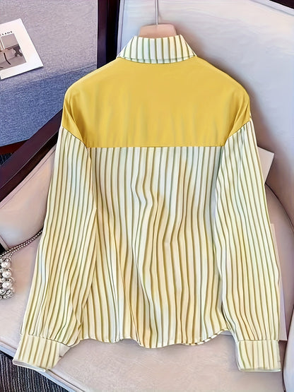 Women's striped blouse with tie detail, long-sleeve shirt blouse with chest pocket