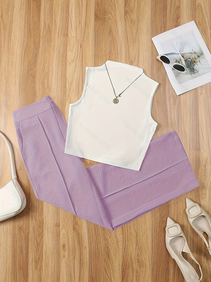 Women's Elegant Set – Sleeveless Top with Stand Collar and Pants, Perfect for Spring & Summer