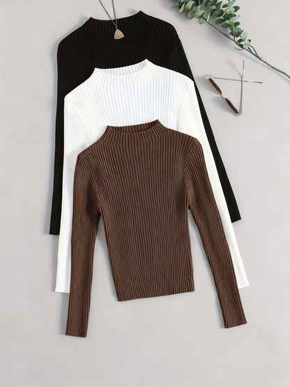 Gerippter Langarm-Pullover mit Stehkragen für Damen, einfarbig