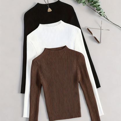 Gerippter Langarm-Pullover mit Stehkragen für Damen, einfarbig