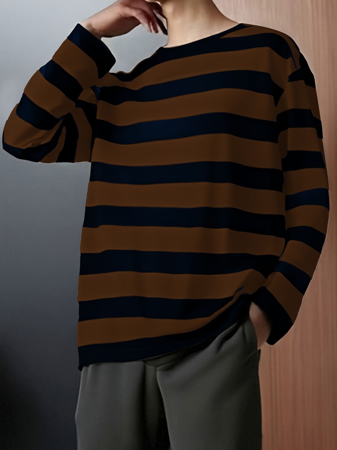 Gestreiftes Langarmshirt Rundhals Casual Passform