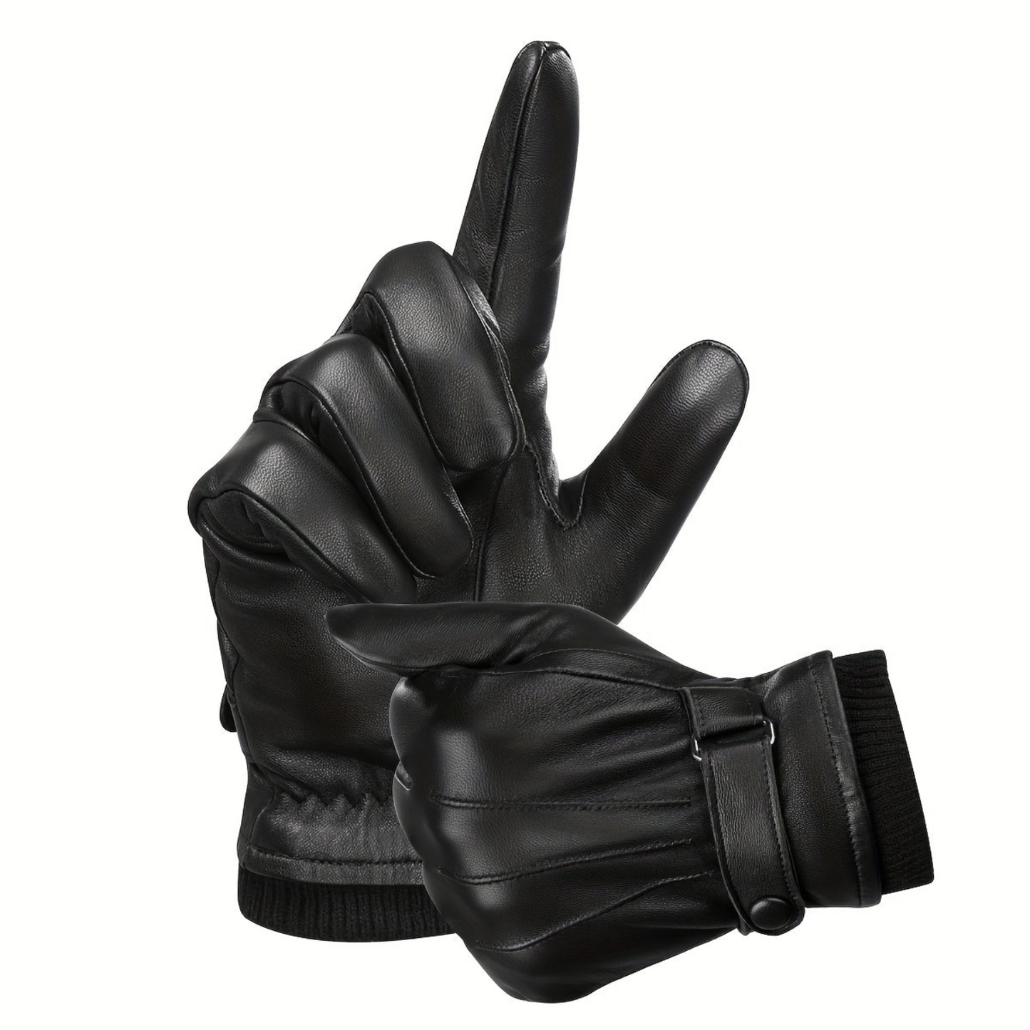 Black gloves with knitted cuffs and buckle fastening