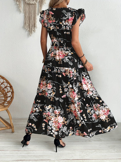 Women's Maxi Dress with Floral Pattern, V-Neck, Belt – Elegant Summer Dress for Vacation & Leisure