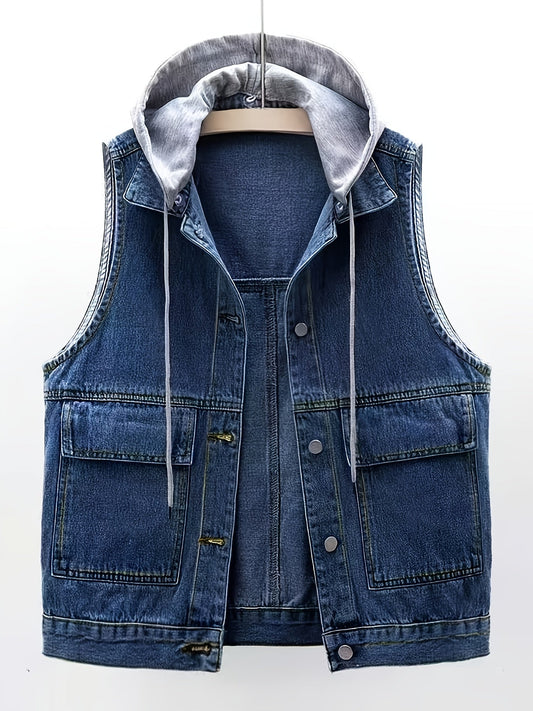 Women's hooded denim vest, blue, sleeveless