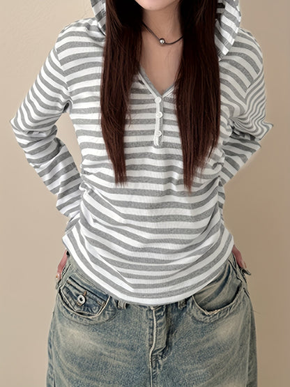 Damen Langarmshirt gestreift mit Knopfleiste
