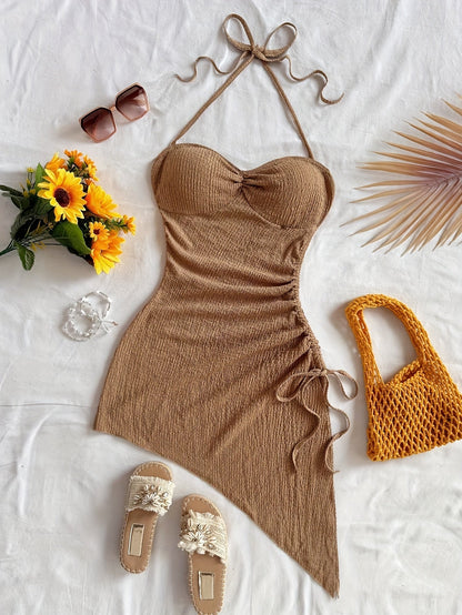 Women's bodycon dress with asymmetrical hem and halter neck – Elegant summer look for party & vacation