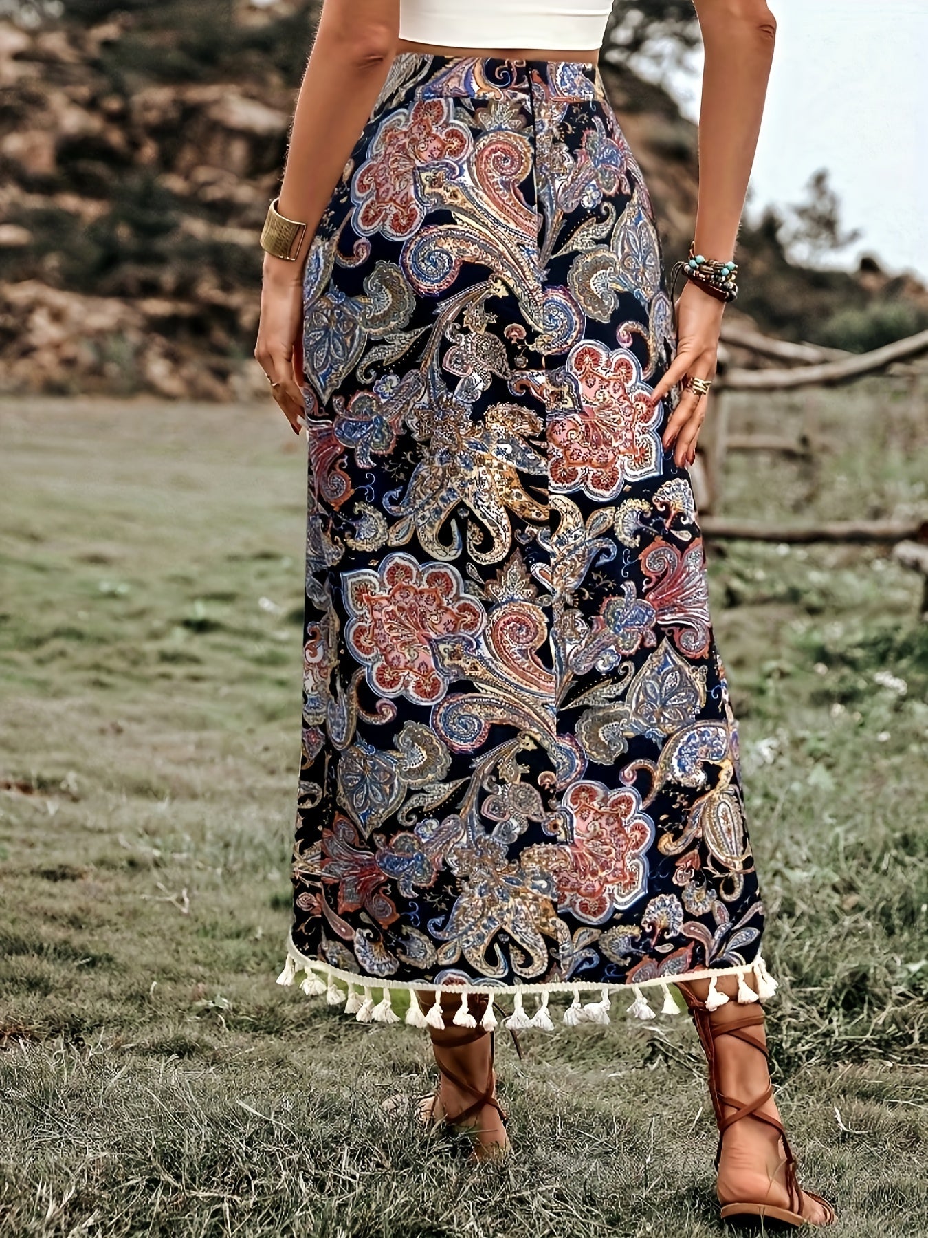 Women's Boho Wrap Midi Skirt with Paisley Pattern and Tassels – Summer Festival Style
