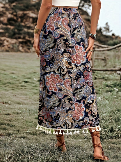 Women's Boho Wrap Midi Skirt with Paisley Pattern and Tassels – Summer Festival Style