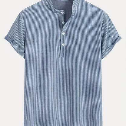 Men's Short Sleeve Henley Shirt with Stand Collar and Stripes – Modern Casual Shirt