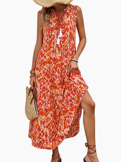 Women's Summer Dress Elegant Sleeveless with Allover Print and Tassels for Leisure and Vacation