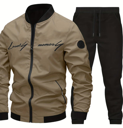 Men's Casual Tracksuit Set with Baseball Collar – Modern Embroidery Look for Everyday and Sports