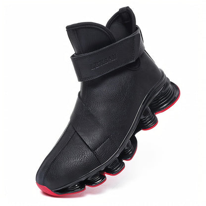 Men's black high-top sneaker boots with a red sole, laces, and Velcro closure