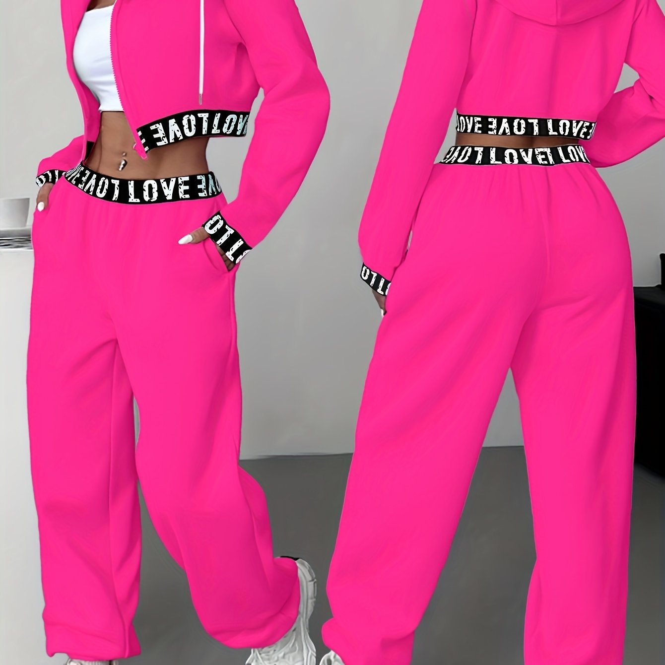 Women's two-piece tracksuit with a hooded jacket and cropped-length joggers featuring a “LOVE” waistband