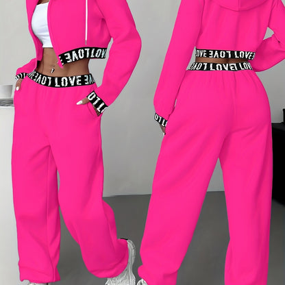 Women's two-piece tracksuit with a hooded jacket and cropped-length joggers featuring a “LOVE” waistband