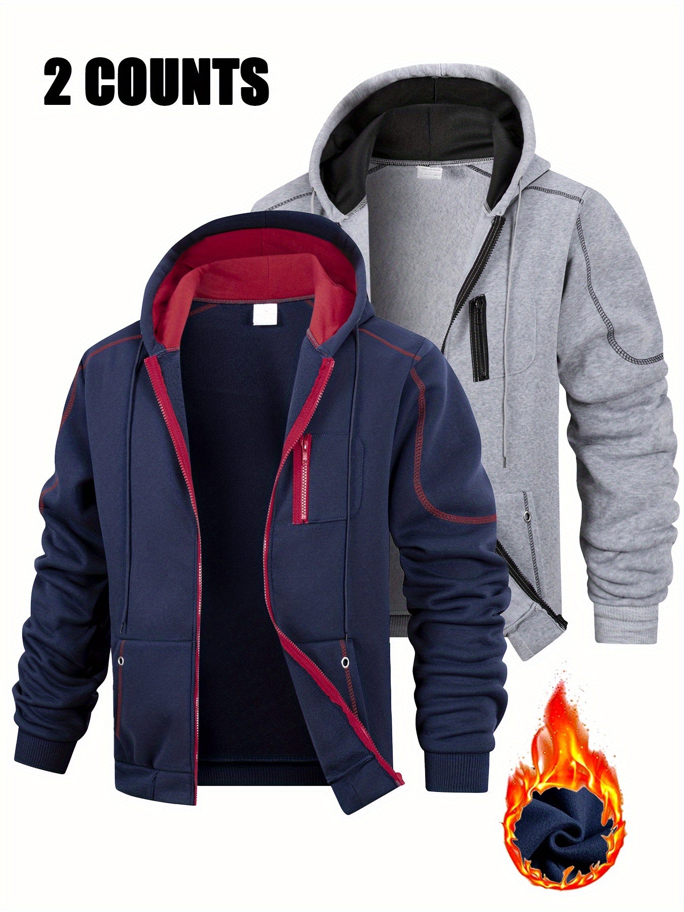2-Pack Men's Hoodie Jacket Set, Zip-Up Hoodies, Fleece-Lined, Navy Blue, Black, Red