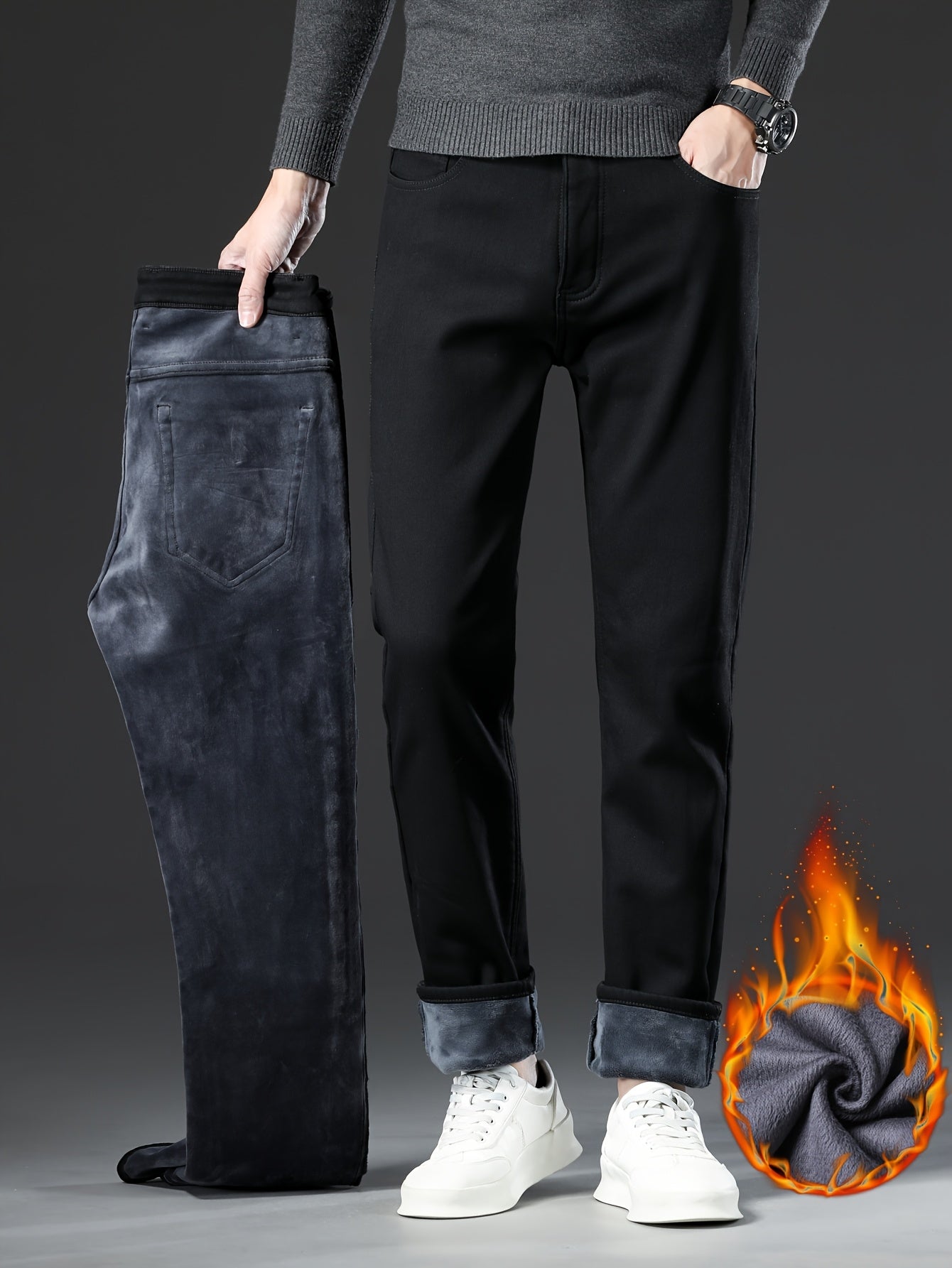 Men's black winter pants with warm lining