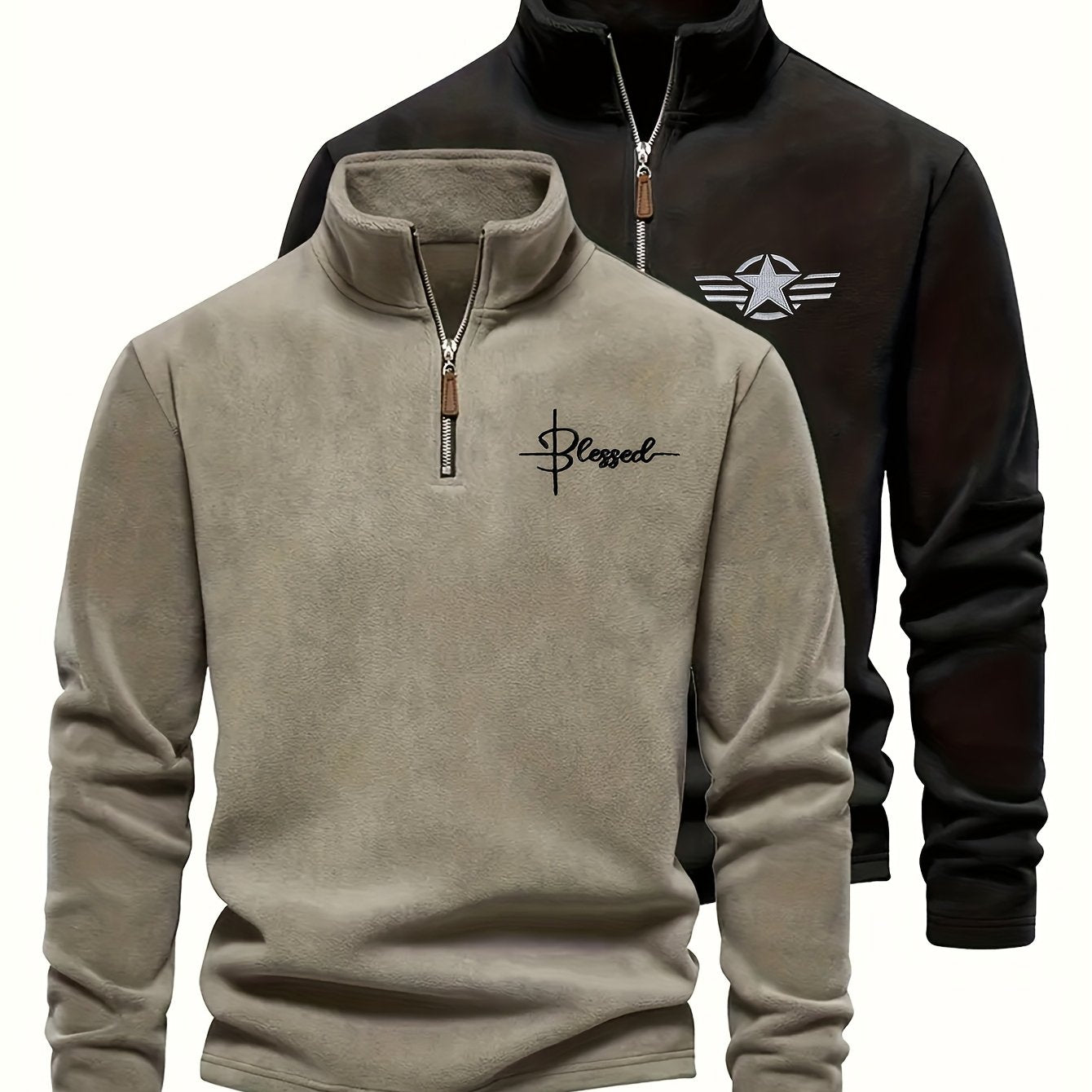 Herren Halb-Reißverschluss Pullover Fleece Khaki Schwarz