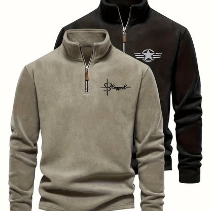 Herren Halb-Reißverschluss Pullover Fleece Khaki Schwarz
