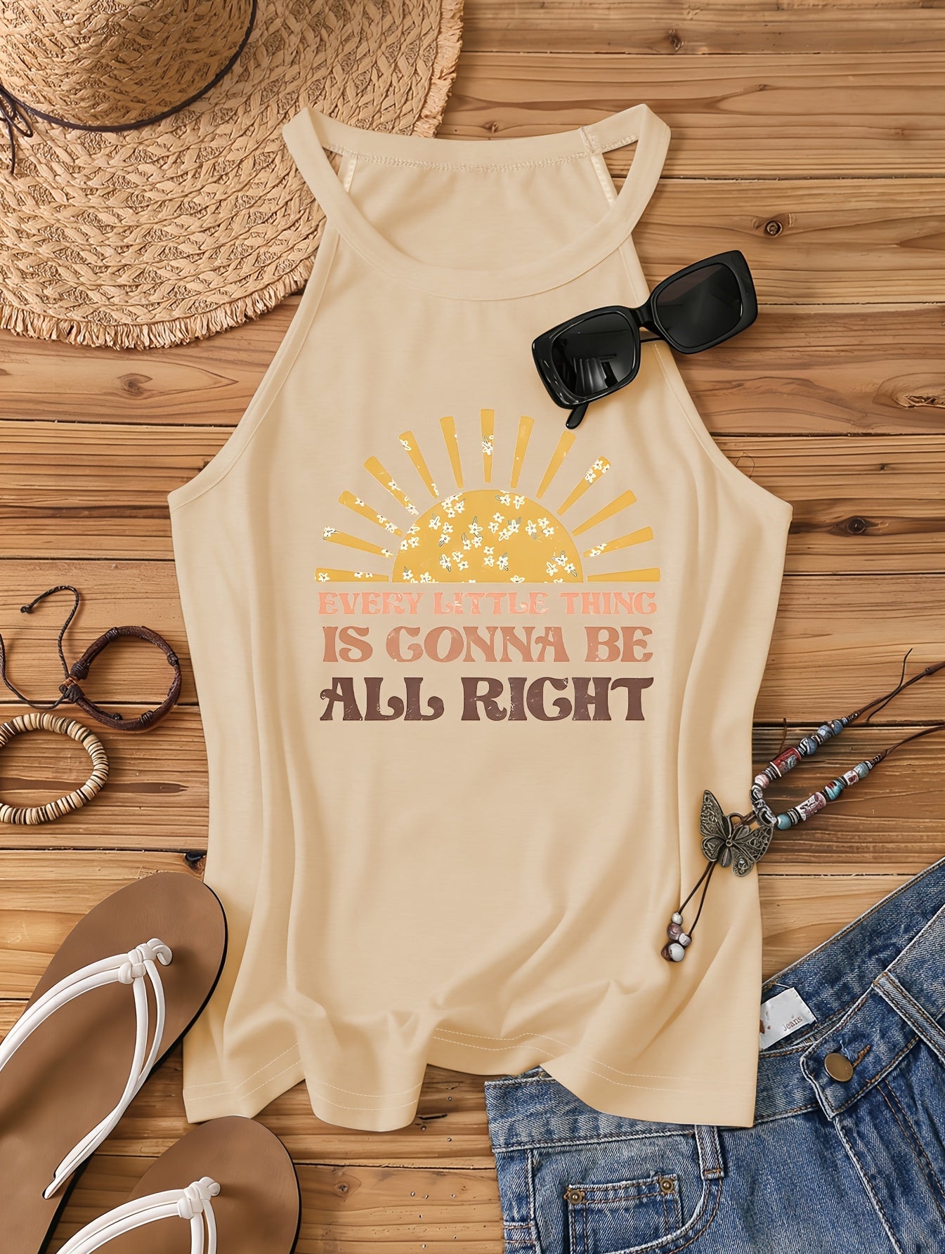 Women's Casual Summer Tank Top – Sun Motif & Quote "Every Little Thing Is Gonna Be All Right" – Casual Shirt