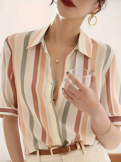 Women's Blouse Elegant Striped Short Sleeve Office Casual Style