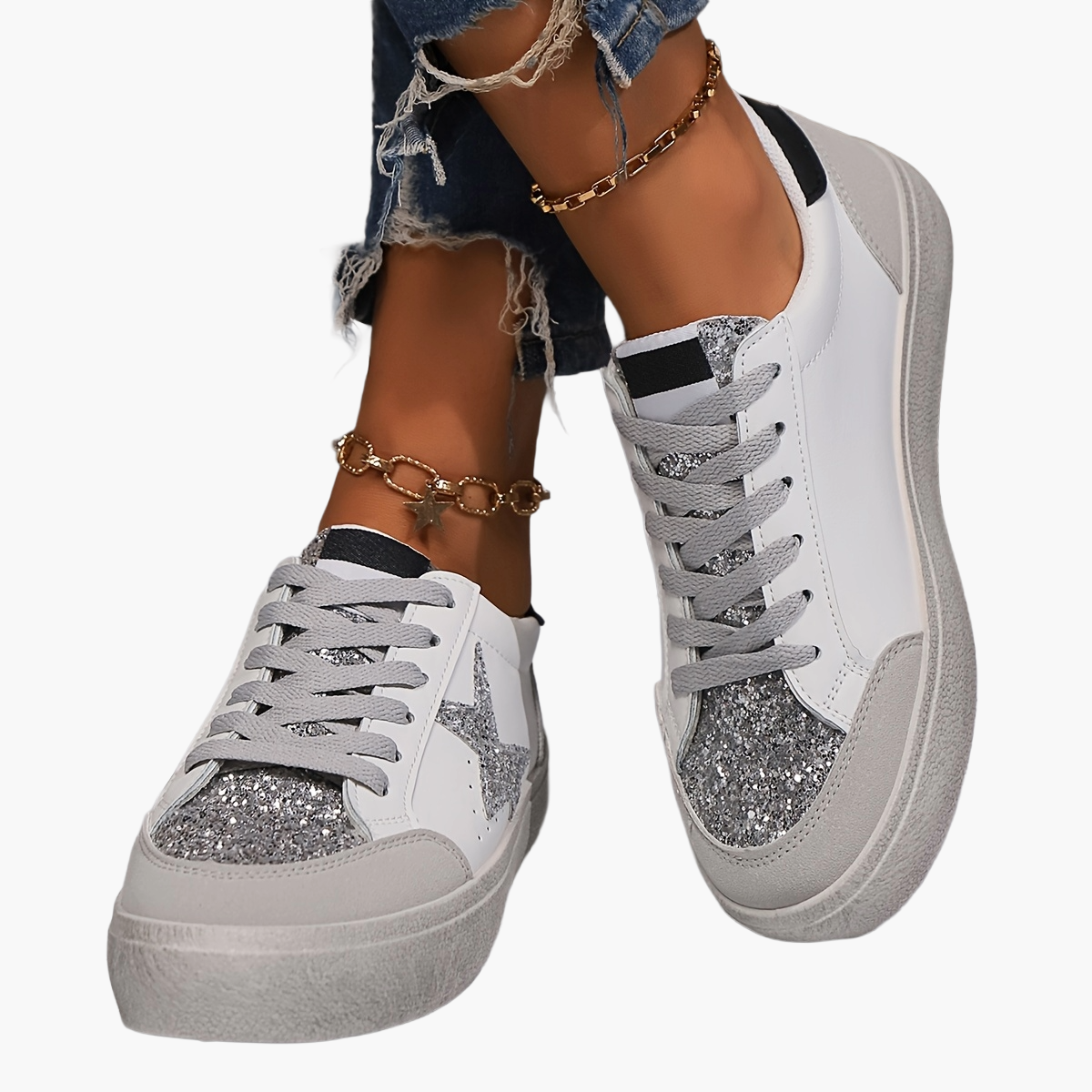 Damen Sneaker im Casual Stil mit Glitzerstern – Modische Freizeitschuhe für Alltag und Streetwear