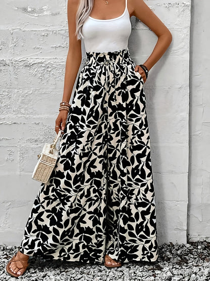 Women's Wide-Leg Pants with Paperbag Waist and Tropical Leaf Print – Perfect for Summer, Leisure & Vacation