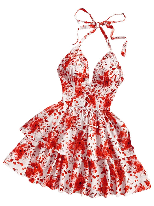 Women's Summer Mini Dress with Rose Pattern, Halterneck, Ruffles, and Lacing – Romantic Casual Dress for Garden Parties & Vacation