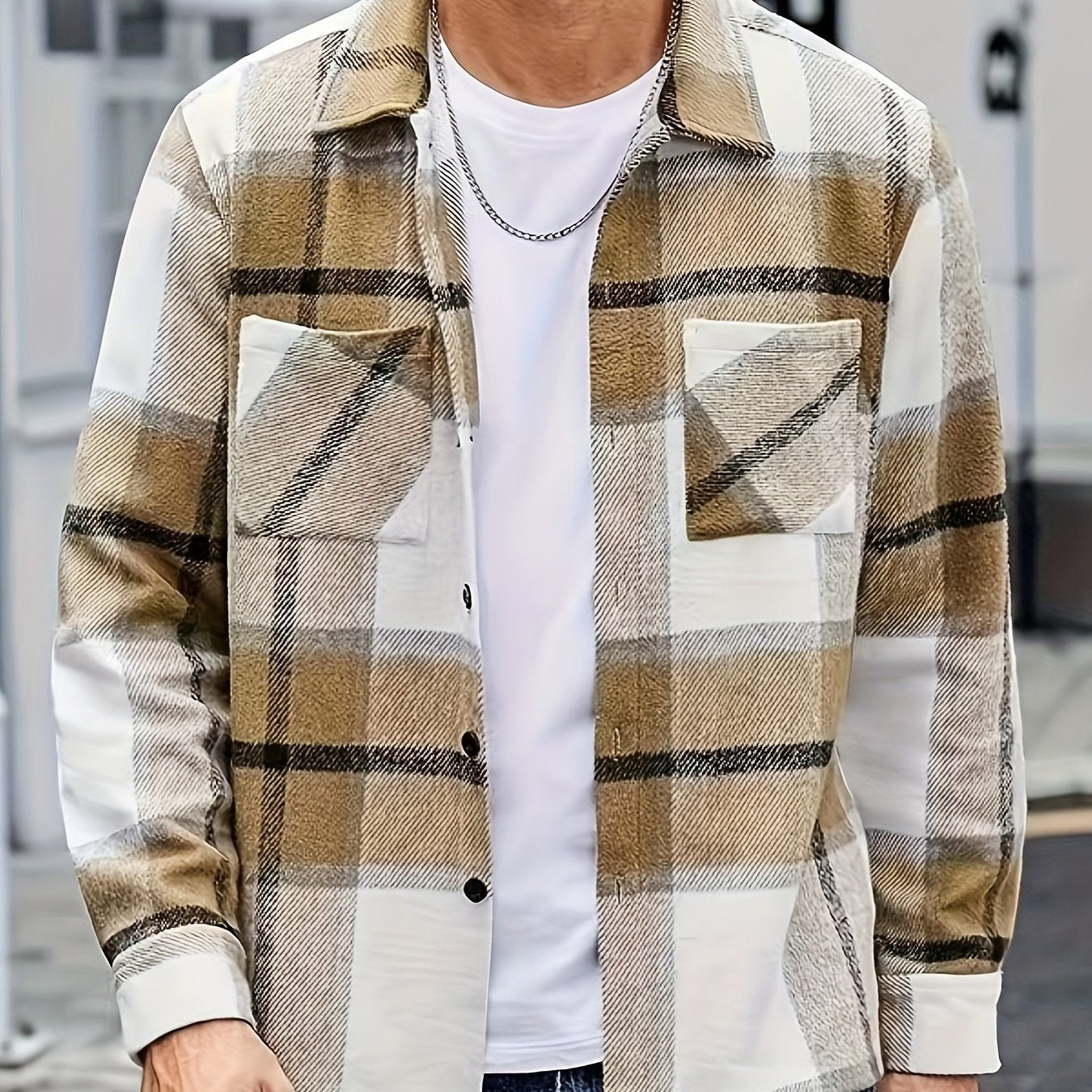 Men's Plaid Shirt Jacket, Long Sleeve, with Chest Pockets, Casual Shacket