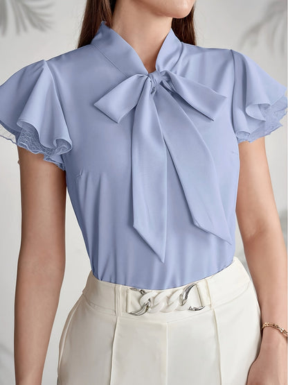 Women's blouse with bow and ruffle sleeves – Elegant office and casual style