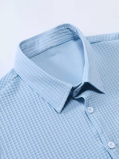 Men's Structured Short-Sleeve Casual Shirt – Fashionable Waffle Pattern, Ideal for Vacation & Everyday Wear