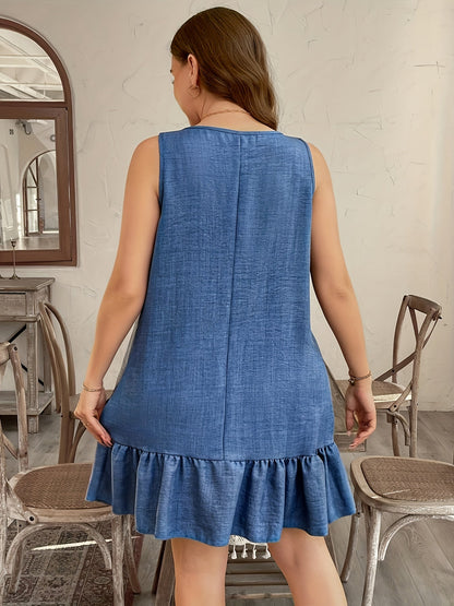 Women's summer dress with ruffles and floral appliqués – Loose casual dress with playful hem