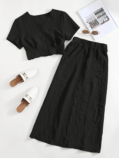 Women's Two-Piece Set – Elegant Button-Down Crop Top & Midi Skirt for Everyday and Leisure