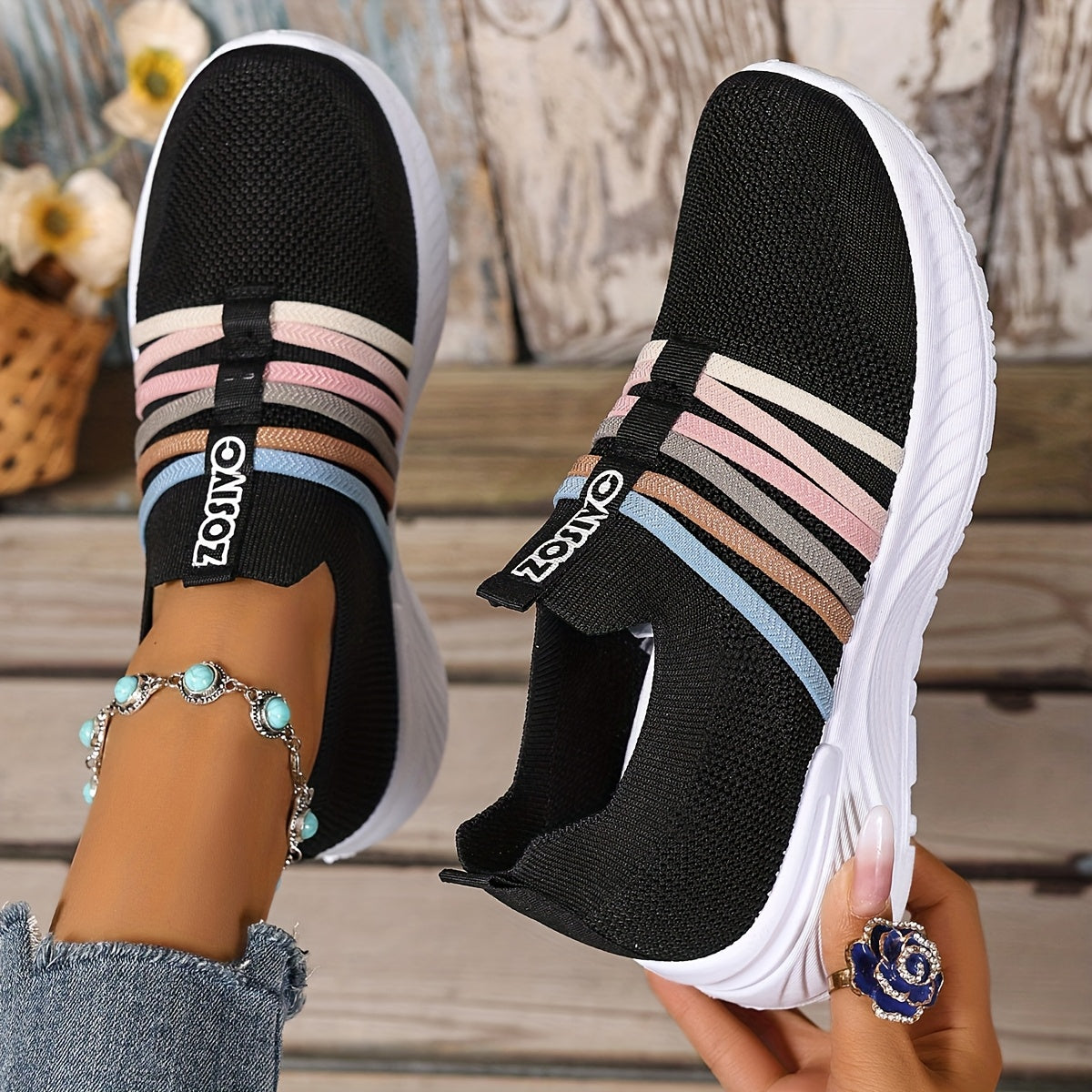 Damen Slip-On Freizeitschuhe mit Streifenmuster – Bequeme Alltags-Sneaker für Freizeit und Alltag