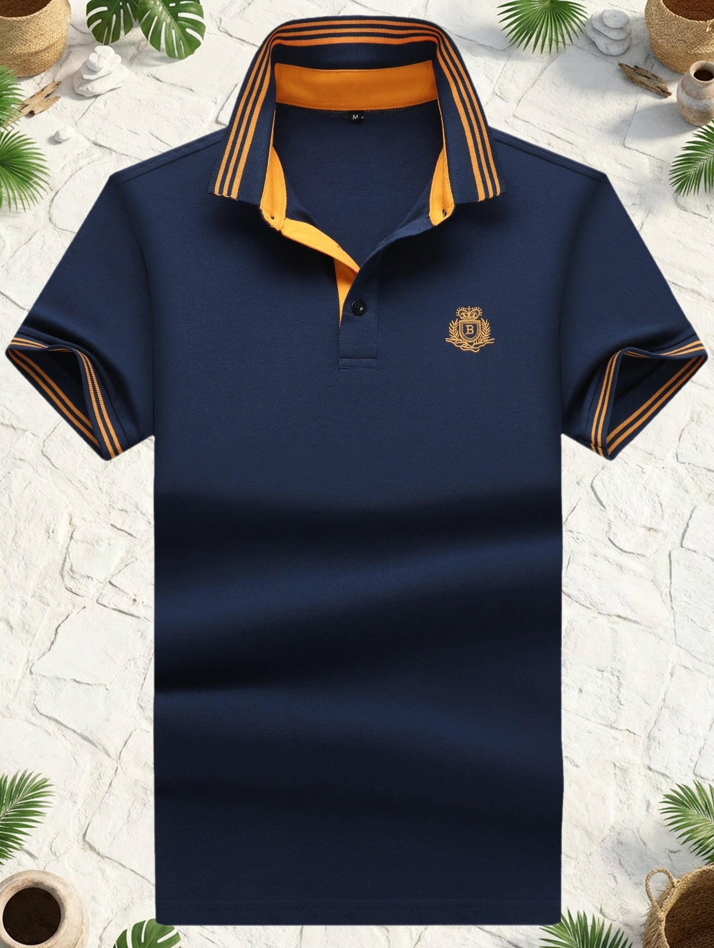 Men's Polo Shirt with Striped Collar and Embroidery – Sporty-Elegant Casual Style
