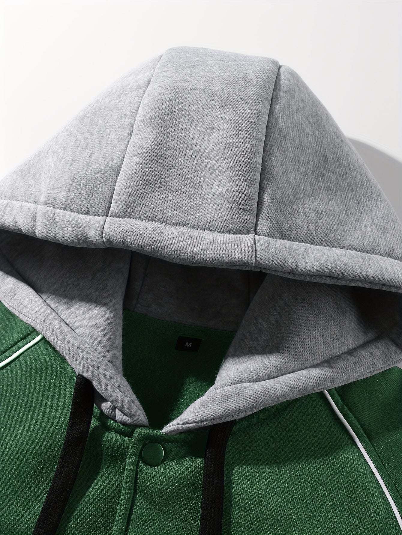 Men’s baseball jacket with hood, snap buttons, embroidery, and ribbed cuffs