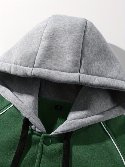 Men’s baseball jacket with hood, snap buttons, embroidery, and ribbed cuffs