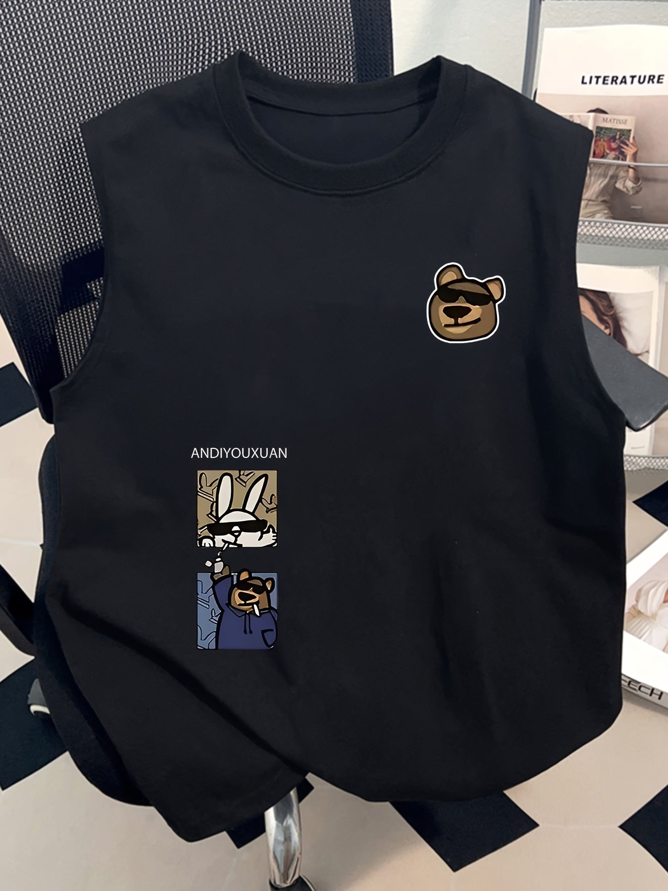 Men's streetwear tank top with cartoon graphic and casual design