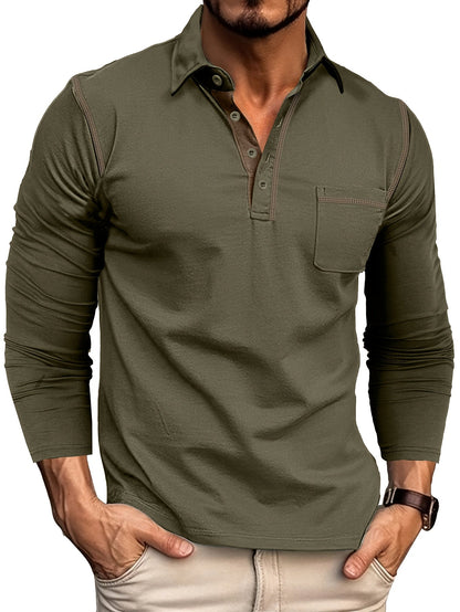 Men's long-sleeve polo shirt with chest pocket and contrast stitching