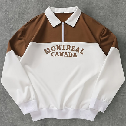 Unisex long-sleeve sweatshirt with collar, zipper, and “Montreal Canada” print – Green/White