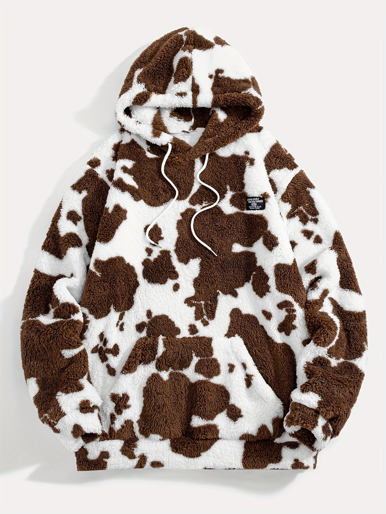 Teddyfleece Hoodie Kuhflecken-Muster mit Kängurutasche und Kapuze