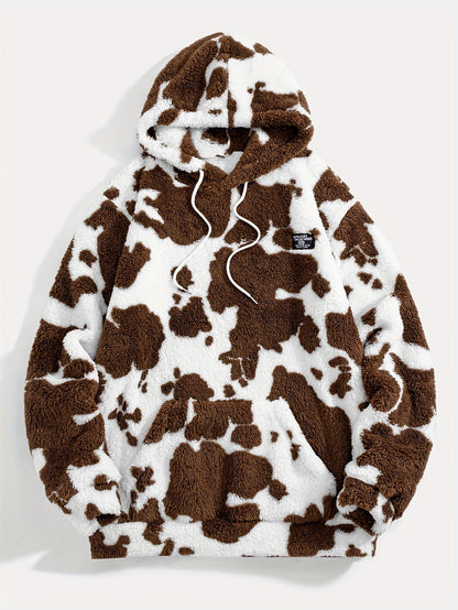 Teddyfleece Hoodie Kuhflecken-Muster mit Kängurutasche und Kapuze