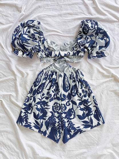 Damen Sommer Jumpsuit mit Puffärmeln und tropischem Blattmuster – Perfekt für Strand und Urlaub