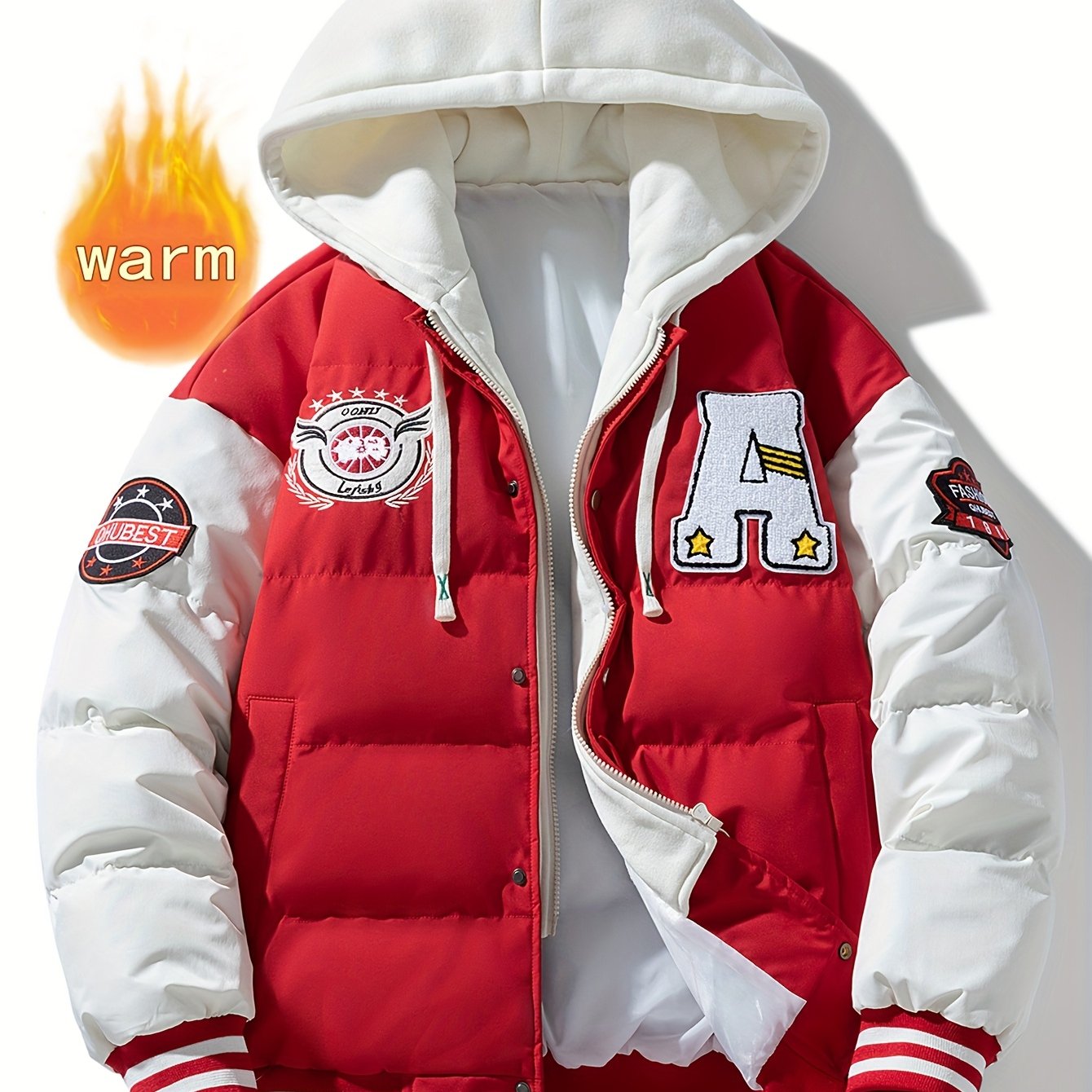 Unisex Winter Jacke im College-Stil mit abnehmbarer Kapuze, Kontrastärmeln & Patches