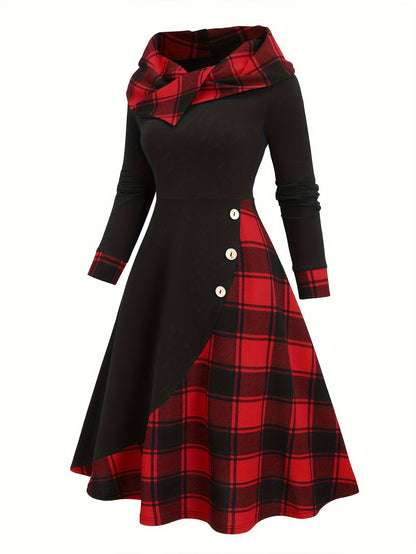 Damen Kapuzenkleid Schwarz mit kariertem Rock Schottenmuster