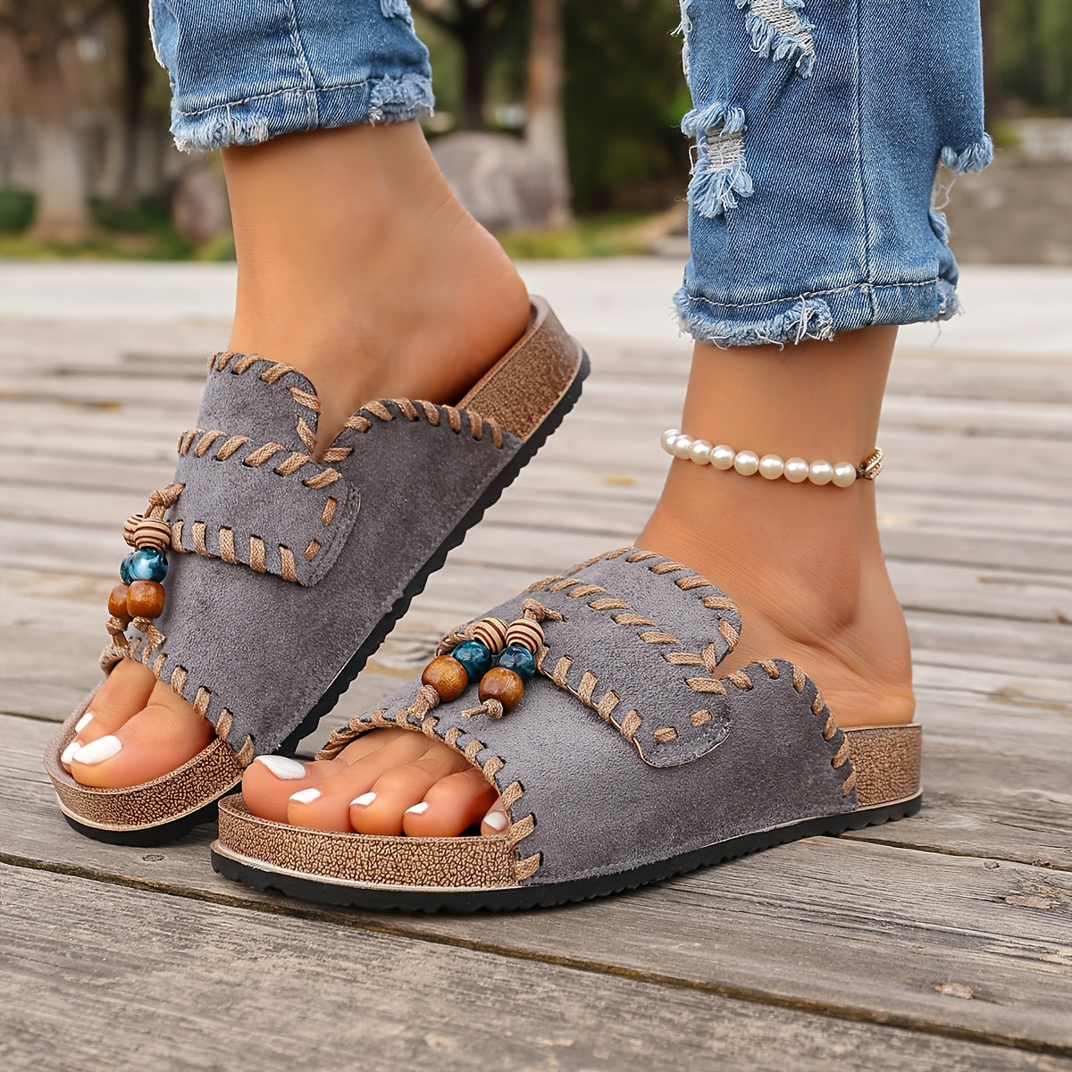 Women's Boho Slide Sandals with Beads and Embroidery – Summer Casual Shoes