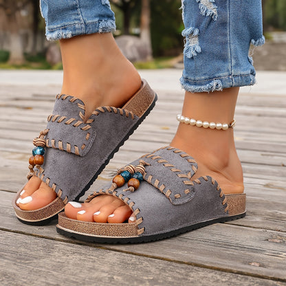 Women's Boho Slide Sandals with Beads and Embroidery – Summer Casual Shoes